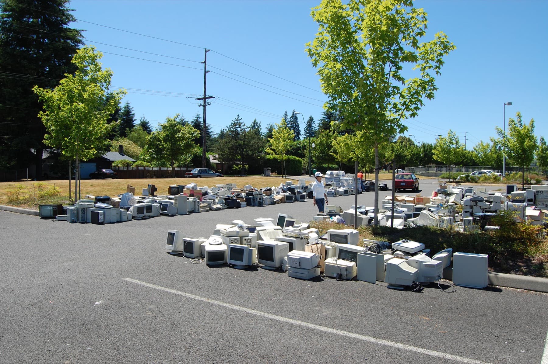 Retired desktop computers and CRT monitors consolidated for downstream recycling and disposal