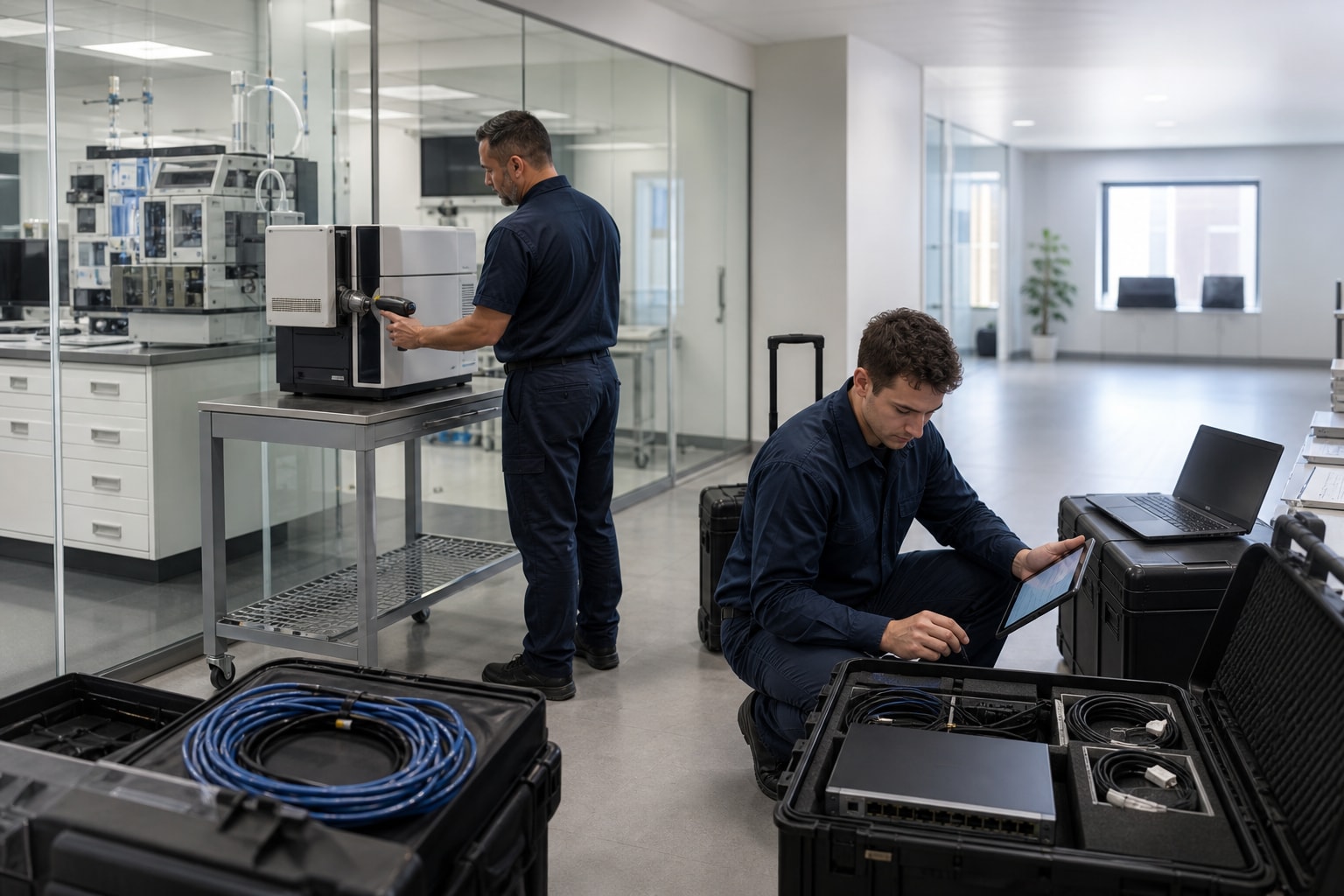 Operations technicians reviewing lab and network equipment in a controlled research workplace