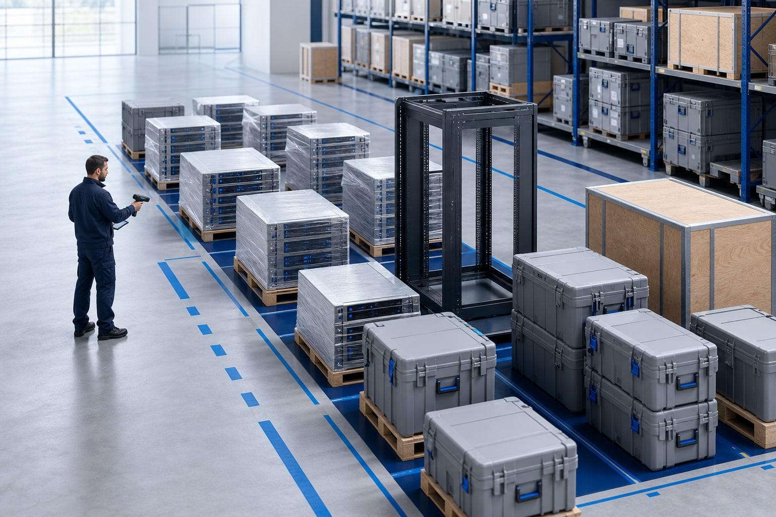 Technology equipment organized in controlled warehouse staging lanes