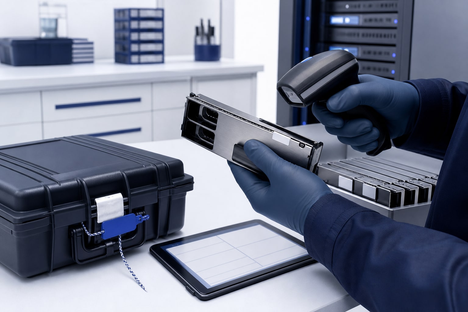 A server drive tray being scanned into a controlled custody record