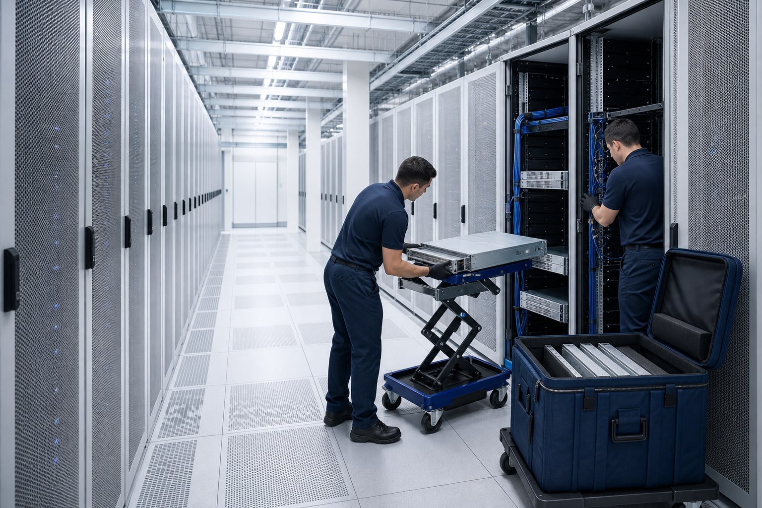 Technicians removing rack equipment during a controlled data center project