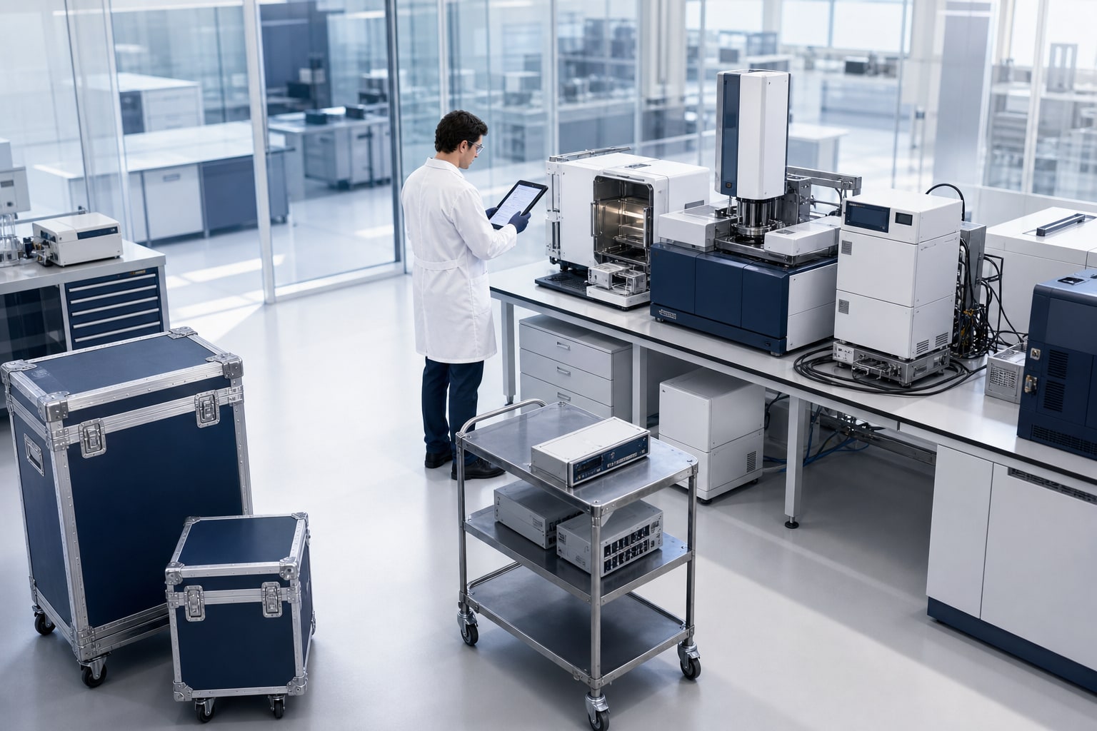 Specialized laboratory equipment prepared for an asset review