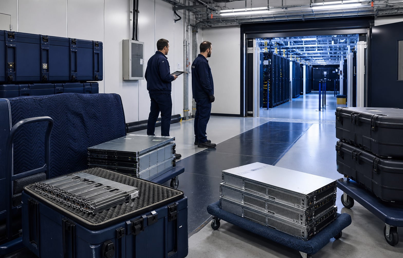 De-racked servers staged in protective equipment for a controlled outbound route