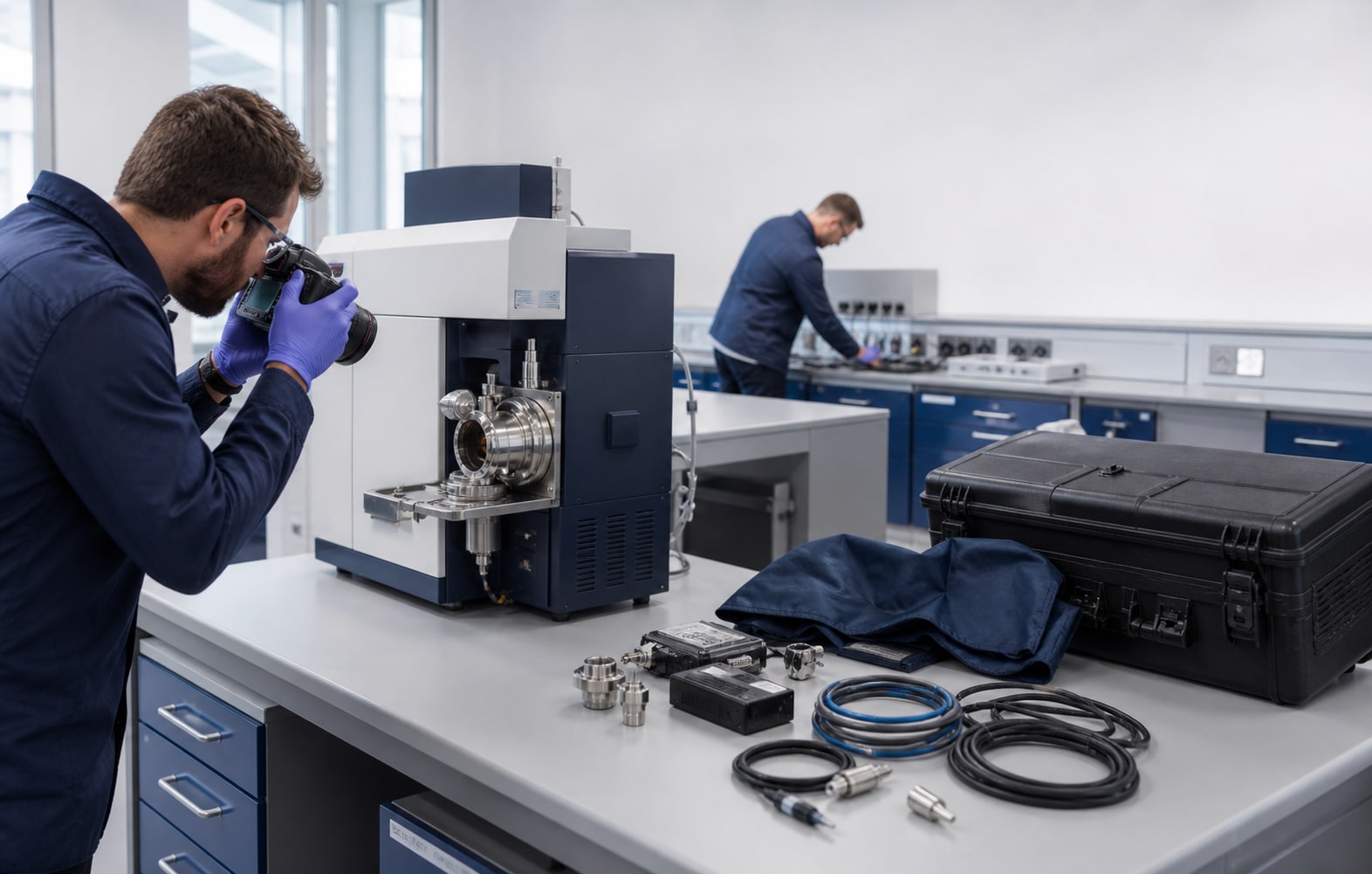 Specialist documenting an analytical laboratory instrument and its accessories