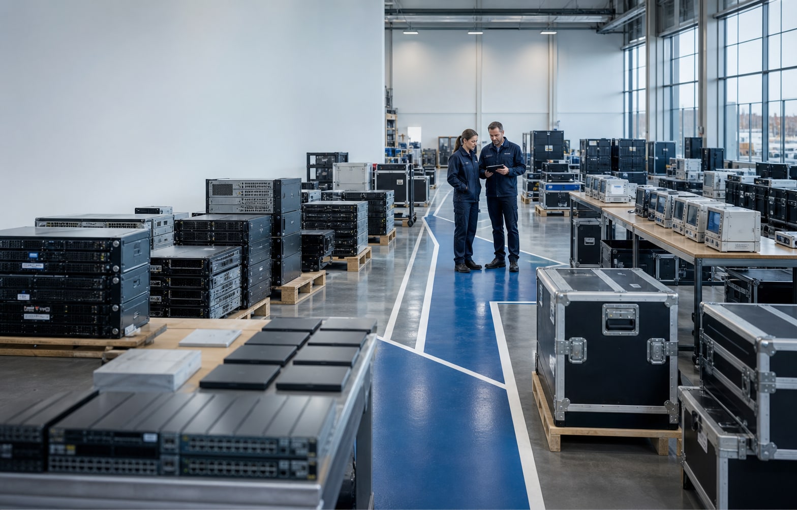 Enterprise technology assets separated into controlled routing lanes inside a staging facility